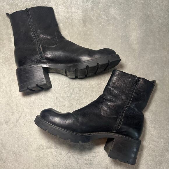 New Terrain Zip Ankle Boots Women Sz 7.5M Black Leather Chunky Heel Grunge Goth - Picture 3 of 16